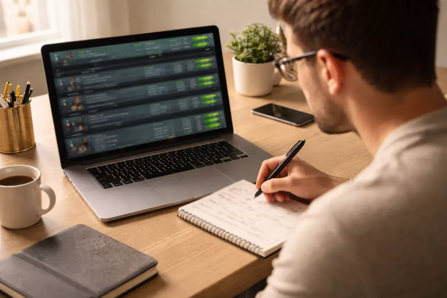 Persona che analizza quote di scommesse su laptop con appunti