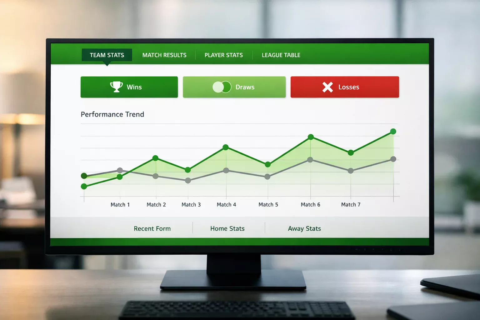 Schermo con grafici di performance squadre e dati statistici