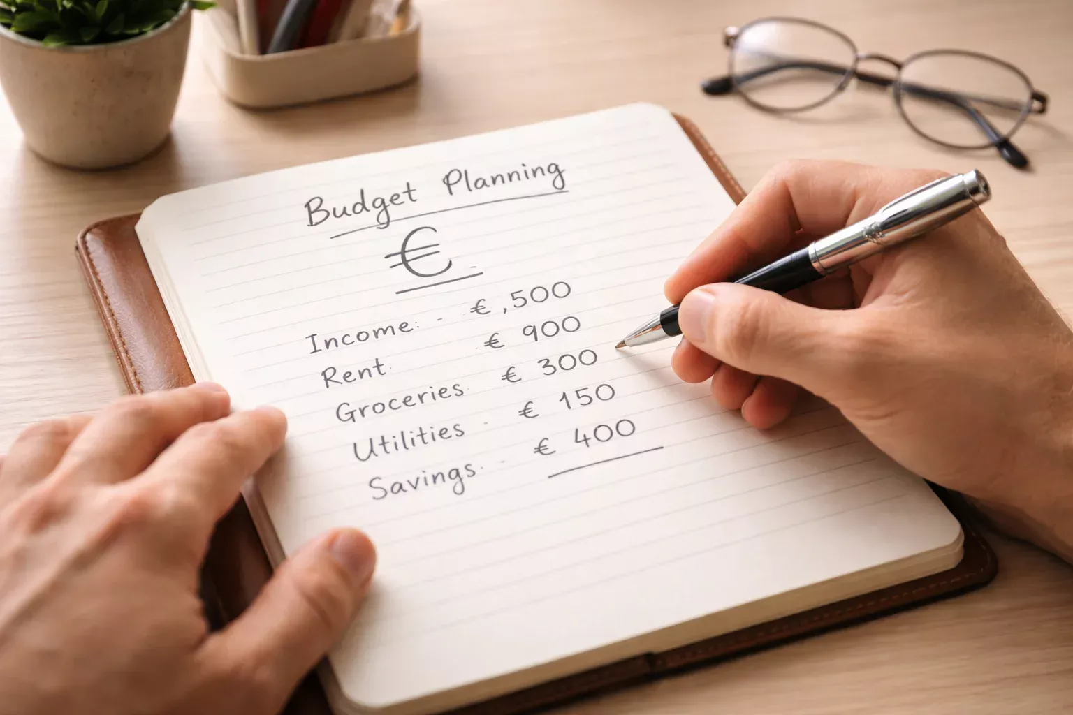 Persona che pianifica budget su blocco note con simbolo euro