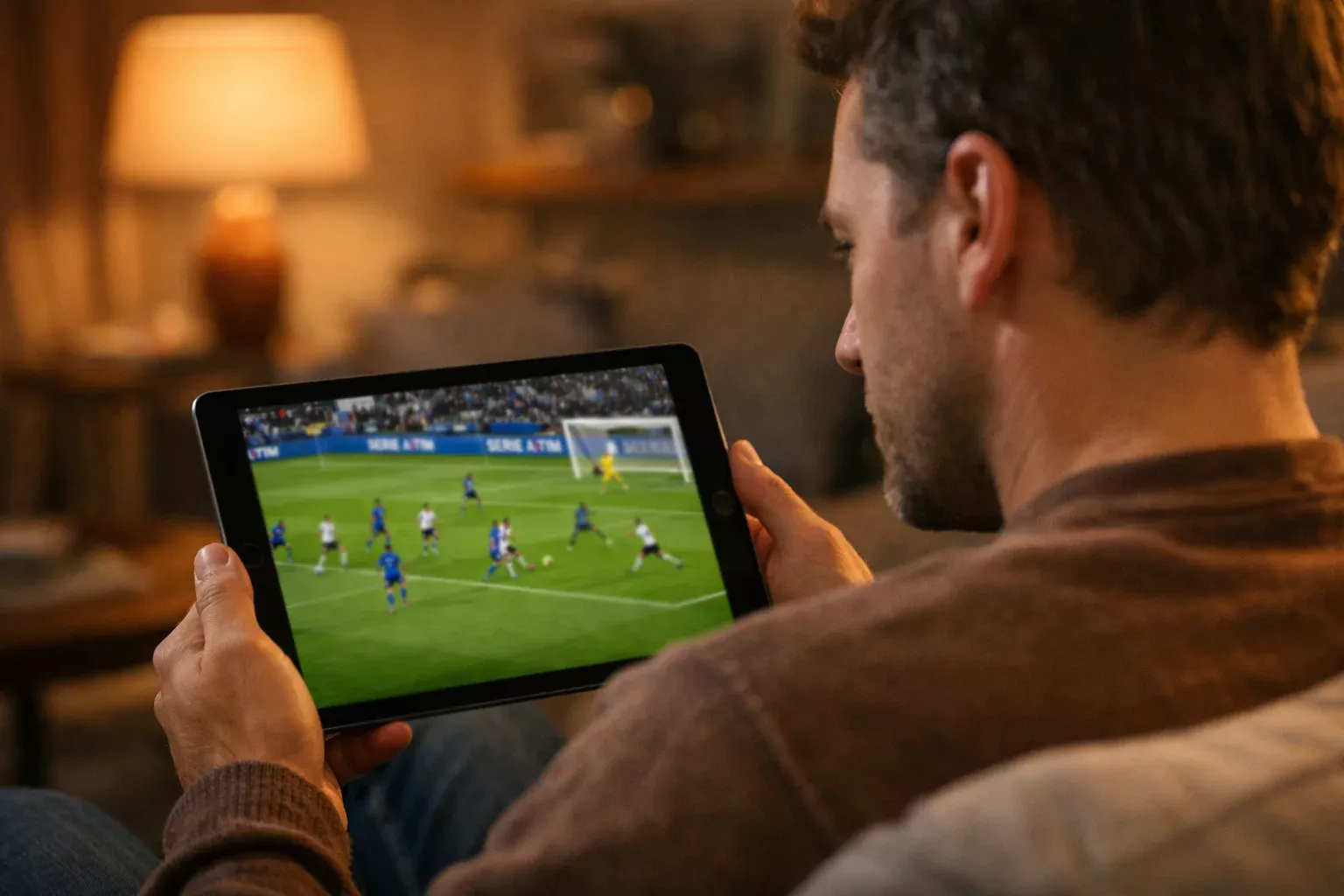 Tifoso concentrato che segue partita di calcio su tablet