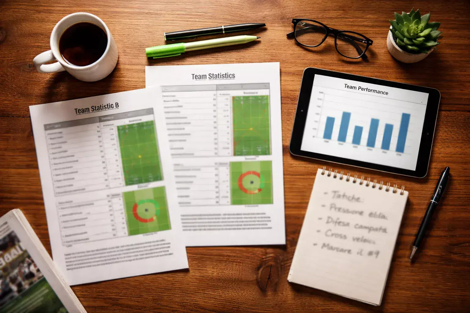 Tavolo di lavoro con documenti di analisi partite e statistiche calcio